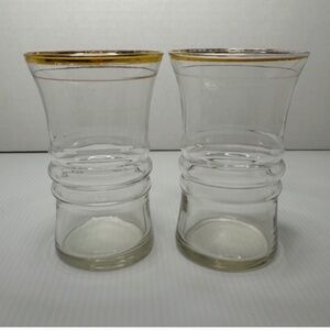 Vtg Anchor Hocking 1940s Gold Rimmed Hourglass Shape Ribbed Tumbler Glasses MCM